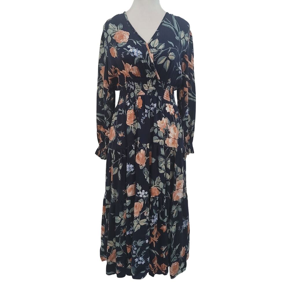Vici Size S Long Sleeve Fit & Flare Navy Floral Tiered Dress Romantic Fall